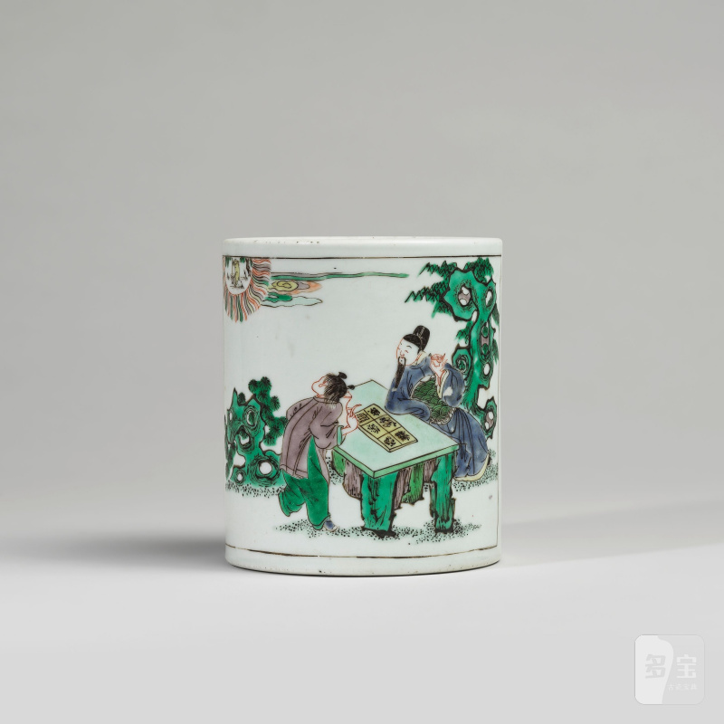 清康熙 五彩人物圖筆筒 | PORTE-PINCEAUX EN PORCELAINE DE LA FAMILLE VERTE, BITONG - 图1